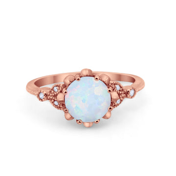 Art Deco Design Fashion Ring Rose Tone, Lab Created White Opal 925 Sterling Silver